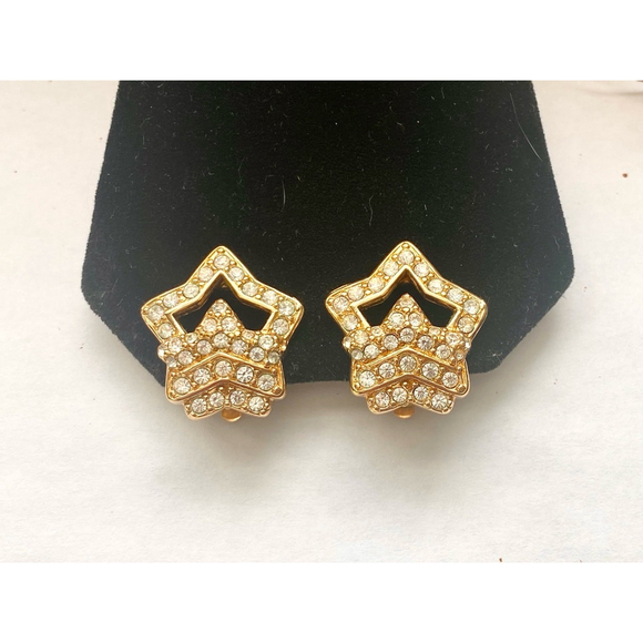 Vintage Rhinestone Star Crown Earrings Gold tone Clip on. - Picture 4 of 5